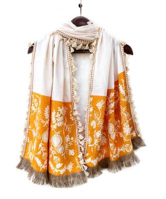 Pure Khadi Yellow Makhi panel Embroidered stole or Dupatta 1