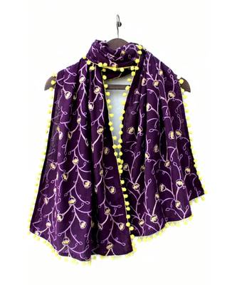 Purple Khadi Dupatta or stole With Yellow Pompom 1