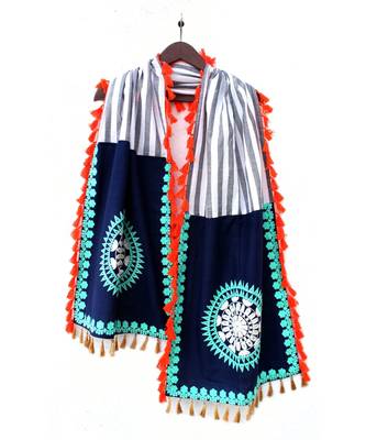 Lining Khadi Stole With Naby Blue Panels both sides 1