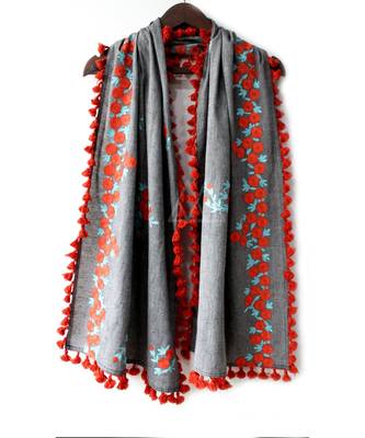 Pure Khadi Gray Color Floral Embroidered Dupatta or stole With Teassel Lace 1