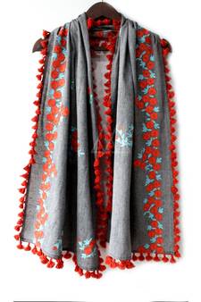Pure Khadi Gray Color Floral Embroidered Dupatta or stole With Teassel Lace
