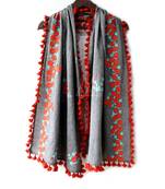 Pure Khadi Gray Color Floral Embroidered Dupatta or stole With Teassel Lace