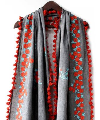 Pure Khadi Gray Color Floral Embroidered Dupatta or stole With Teassel Lace 2