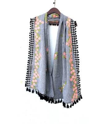 Pure Khadi Gray Chex Border Embroidered Dupatta or stole 1