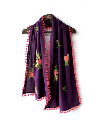 pure khadi purple floral bunch dupatta with tomato pom pom 1