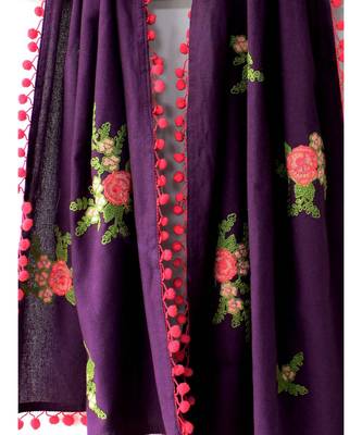 pure khadi purple floral bunch dupatta with tomato pom pom 2