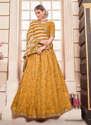 Yellow Plain
 Silk Unstitched Lehenga 1