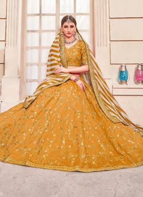 Yellow Plain
 Silk Unstitched Lehenga 2