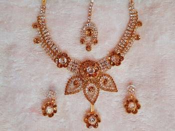 Traditional AD Zircon Stone White And Golden Fancy Stylish Party Wear Wedding necklace earring mangtika set 1