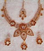 Traditional AD Zircon Stone White And Golden Fancy Stylish Party Wear Wedding necklace earring mangtika set