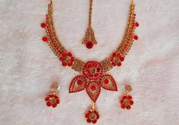 Traditional AD Zircon Stone Red Fancy Stylish Party Wear Wedding necklace earring mangtika set 1