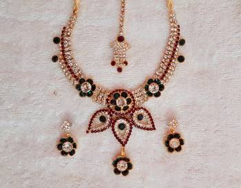 Traditional AD Zircon Stone Green and Red Fancy Stylish Party Wear Wedding necklace earring mangtika set 1