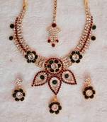 Traditional AD Zircon Stone Green and Red Fancy Stylish Party Wear Wedding necklace earring mangtika set