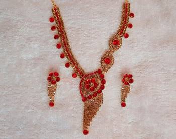 Traditional AD Zircon Stone Green and Red Fancy Stylish Party Wear Wedding necklace earring mangtika set 1