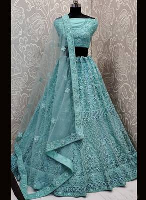 Blue Plain Net Unstitched Lehenga 1
