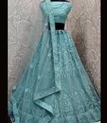 Blue Plain Net Unstitched Lehenga