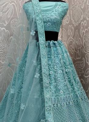 Blue Plain Net Unstitched Lehenga 2
