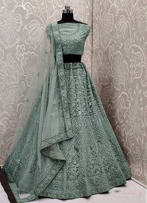 Green Plain Net Unstitched Lehenga 1