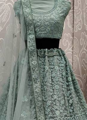 Green Plain Net Unstitched Lehenga 2
