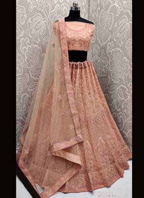 Peach Plain Net Unstitched Lehenga 1