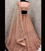 Peach Plain Net Unstitched Lehenga