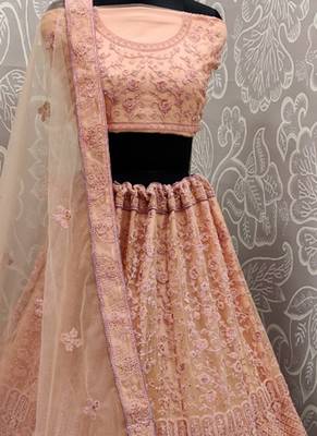 Peach Plain Net Unstitched Lehenga 2