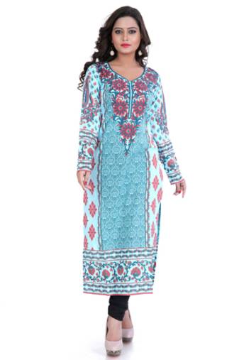 Aqua Cambric Cotton Printed Kurti