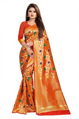 Orange Woven Banarasi Saree With Blouse 1