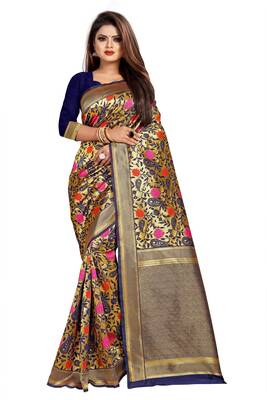 Dark Blue Woven Banarasi Silk Saree With Blouse 1