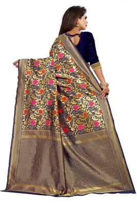 Dark Blue Woven Banarasi Silk Saree With Blouse 2