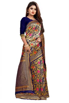 Dark Blue Woven Banarasi Silk Saree With Blouse 3
