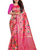 Pink Woven Banarasi Silk Saree With Blouse