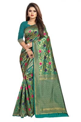 Green Woven Banarasi Silk Saree With Blouse 1