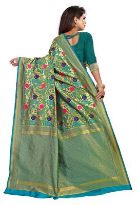 Green Woven Banarasi Silk Saree With Blouse 2