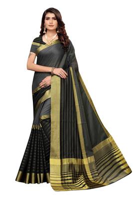 Black Printed Cotton Silk Saree With Blouse 1