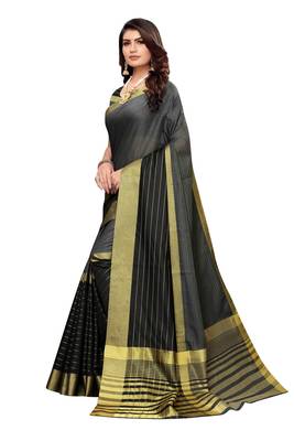 Black Printed Cotton Silk Saree With Blouse 2