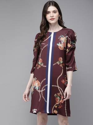 Burgundy Floral Placement Print Shift Dress 1