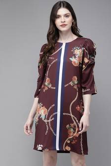 Burgundy Floral Placement Print Shift Dress