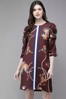 Burgundy Floral Placement Print Shift Dress