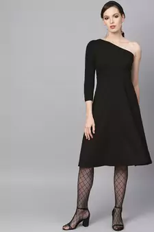 Black One Shoulder Skater Midi Dress