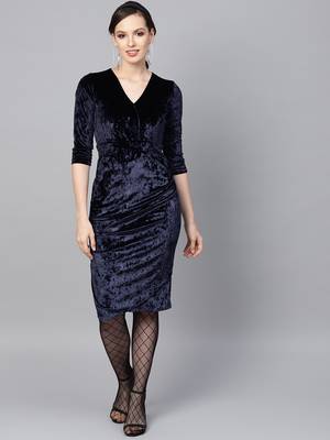 Navy Velvet Wrap Bodycon Dress 1