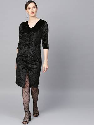 Black Velvet Front Knot Bodycon Dress 1