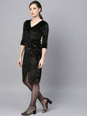 Black Velvet Front Knot Bodycon Dress 2