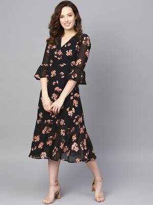 Black Floral Wrap Tie Dress 1