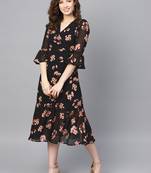 Black Floral Wrap Tie Dress