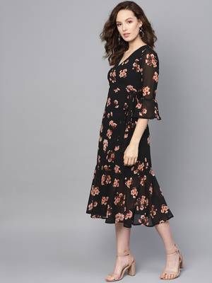 Black Floral Wrap Tie Dress 2