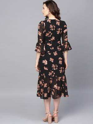 Black Floral Wrap Tie Dress 3
