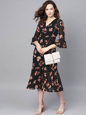 Black Floral Wrap Tie Dress 4