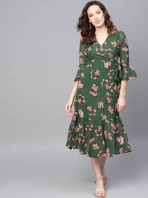 Green Floral Wrap Tie Dress 1
