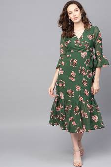 Green Floral Wrap Tie Dress